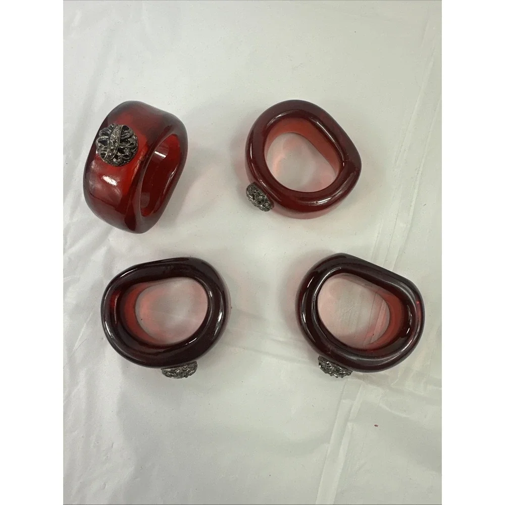 Set of 4 Ruby Red Chunky Resin Napkin Rings Silver Medallion Accent MCM Style